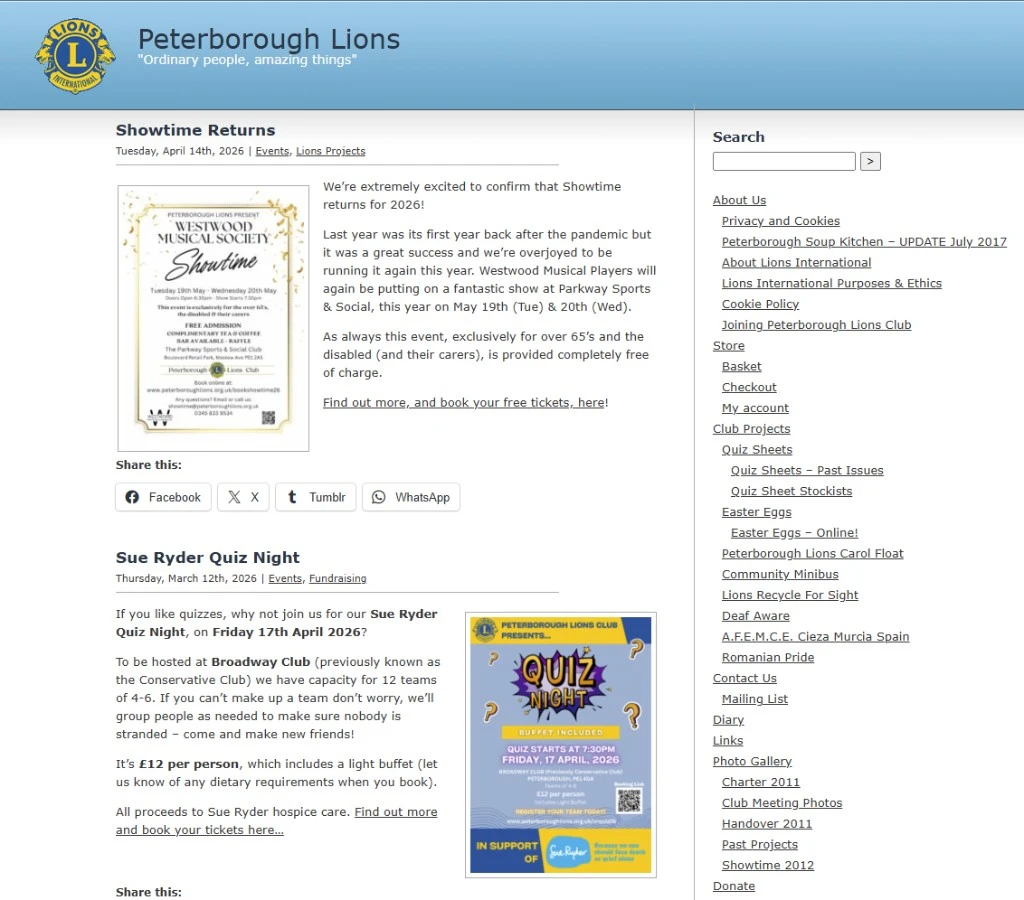 Screenshot of the previous Peterborough Lions Club website