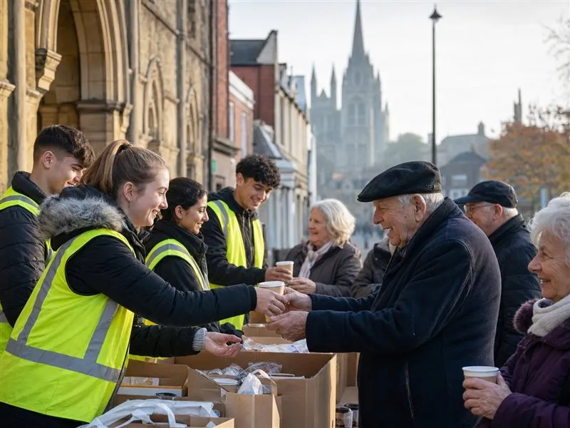 Volunteers distributing care packages outside a Peterborough community centre
