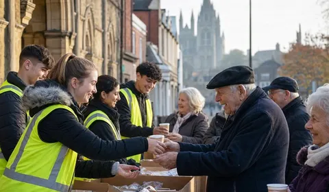 Volunteers distributing care packages outside a Peterborough community centre