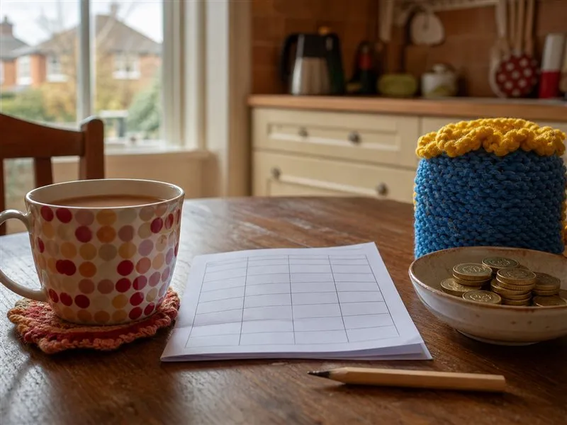 Charity quiz sheet and donation coins on a kitchen table