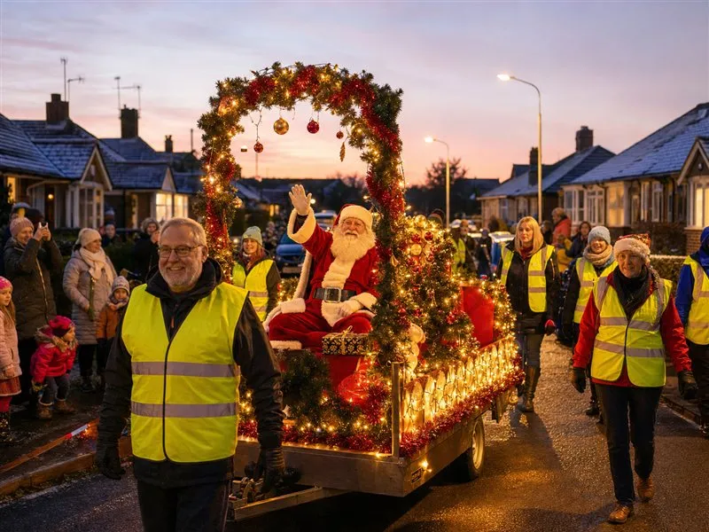 Santa on a decorated Christmas float touring a Peterborough street at dusk